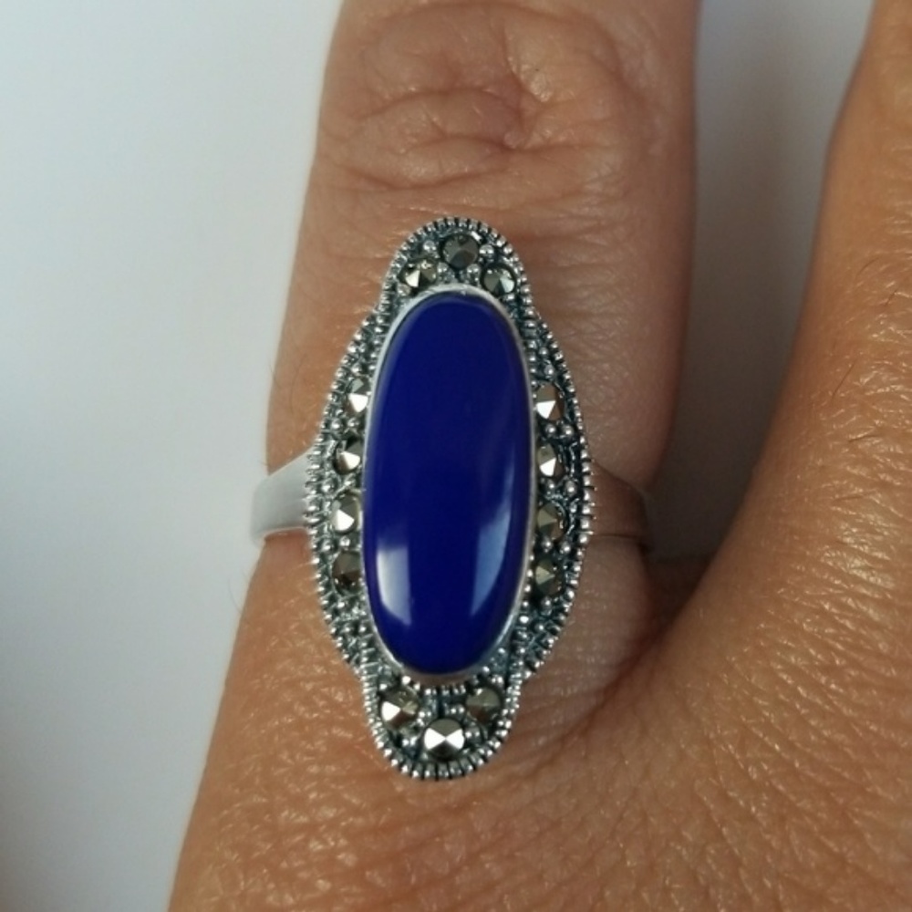 Sterling Silver Blue Lapis Oval Marcasite Ring 8